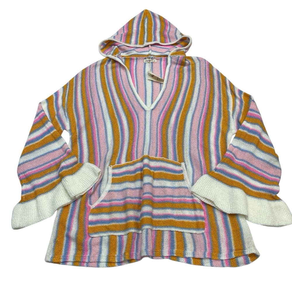 And The Why Hoodie‎ Womens M/L Pastel Striped Sweater Knit Coverup Coastal Boho